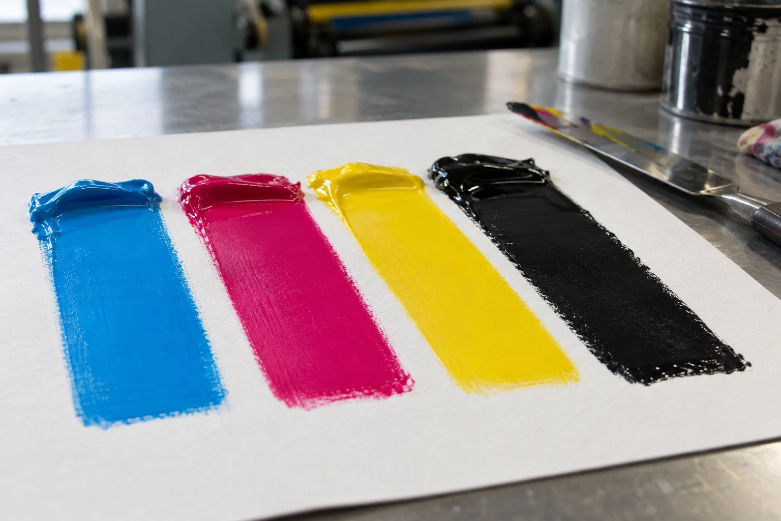 Photography-style illustration of cyan, magenta, yellow and black ink drawdowns on paper