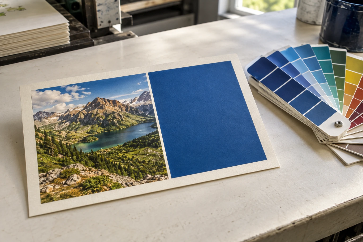 Photography-style illustration: a printed card with a photograph, blue panel and colour swatches