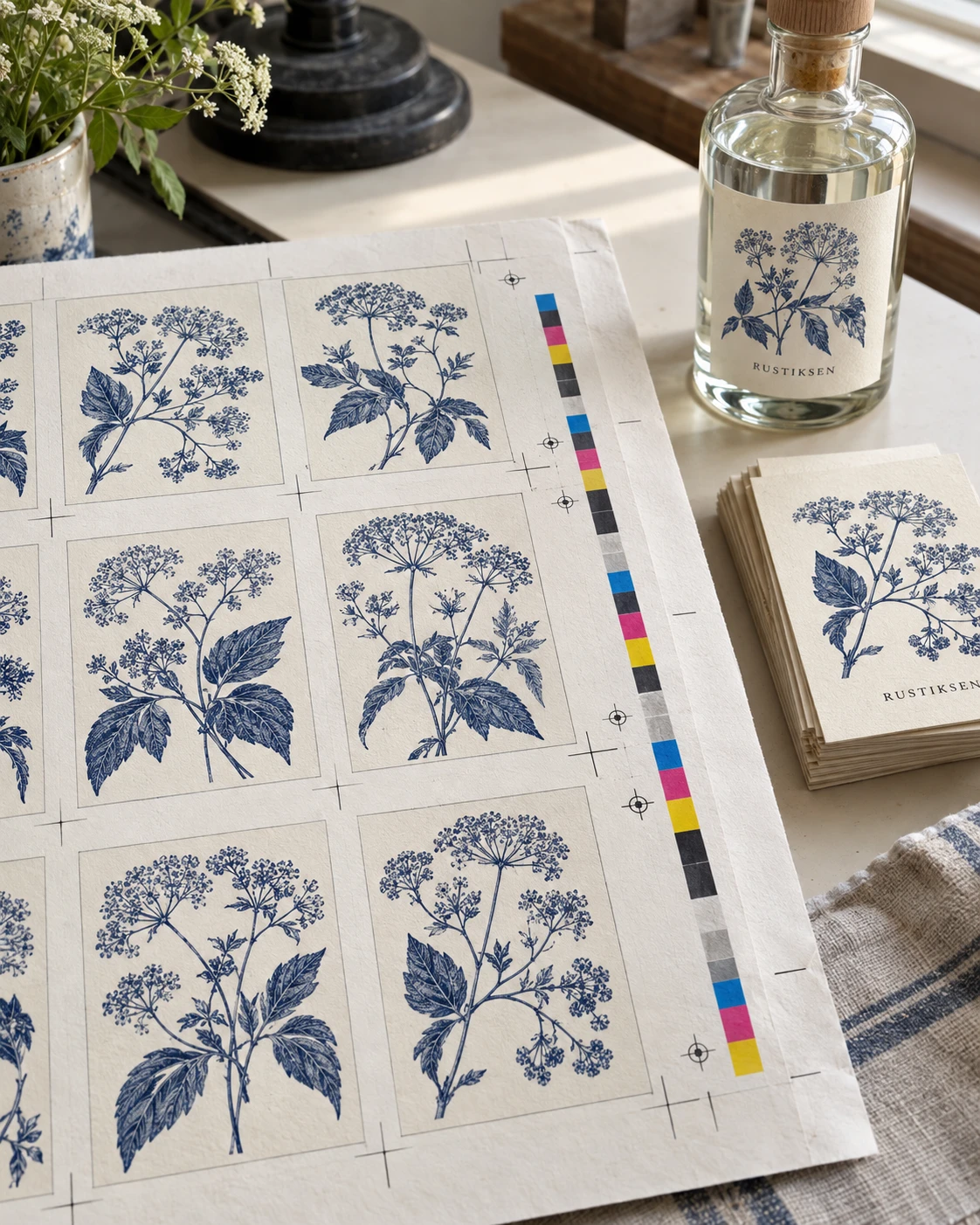 Photography-style illustration of print artwork and paper samples