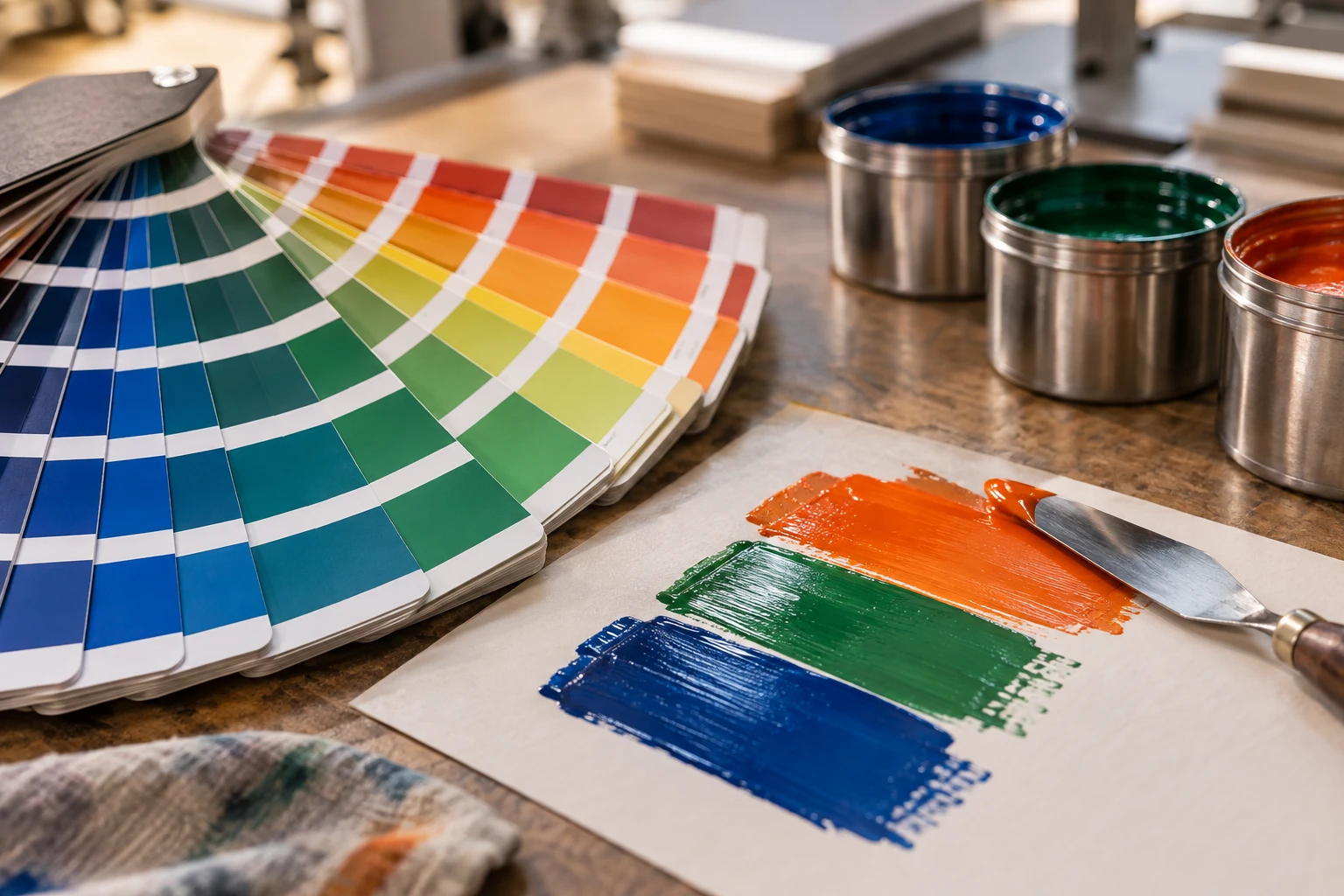 Photography-style illustration of physical printing colour swatches and an ink drawdown
