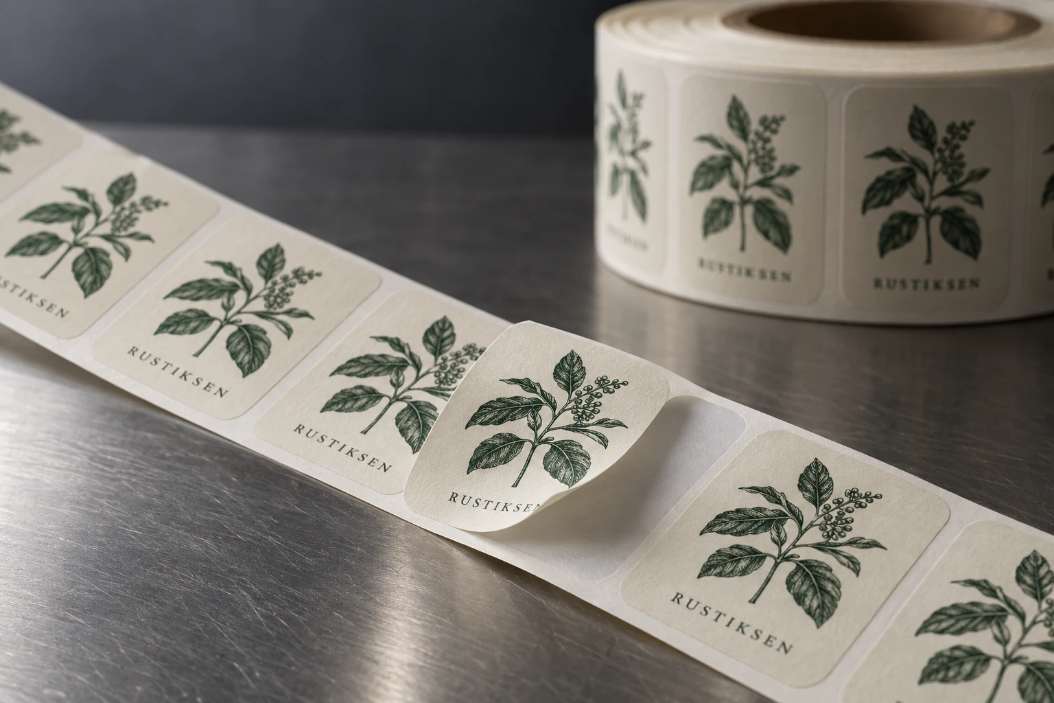 Photographic illustration of paper texture, printed artwork and a peeled label