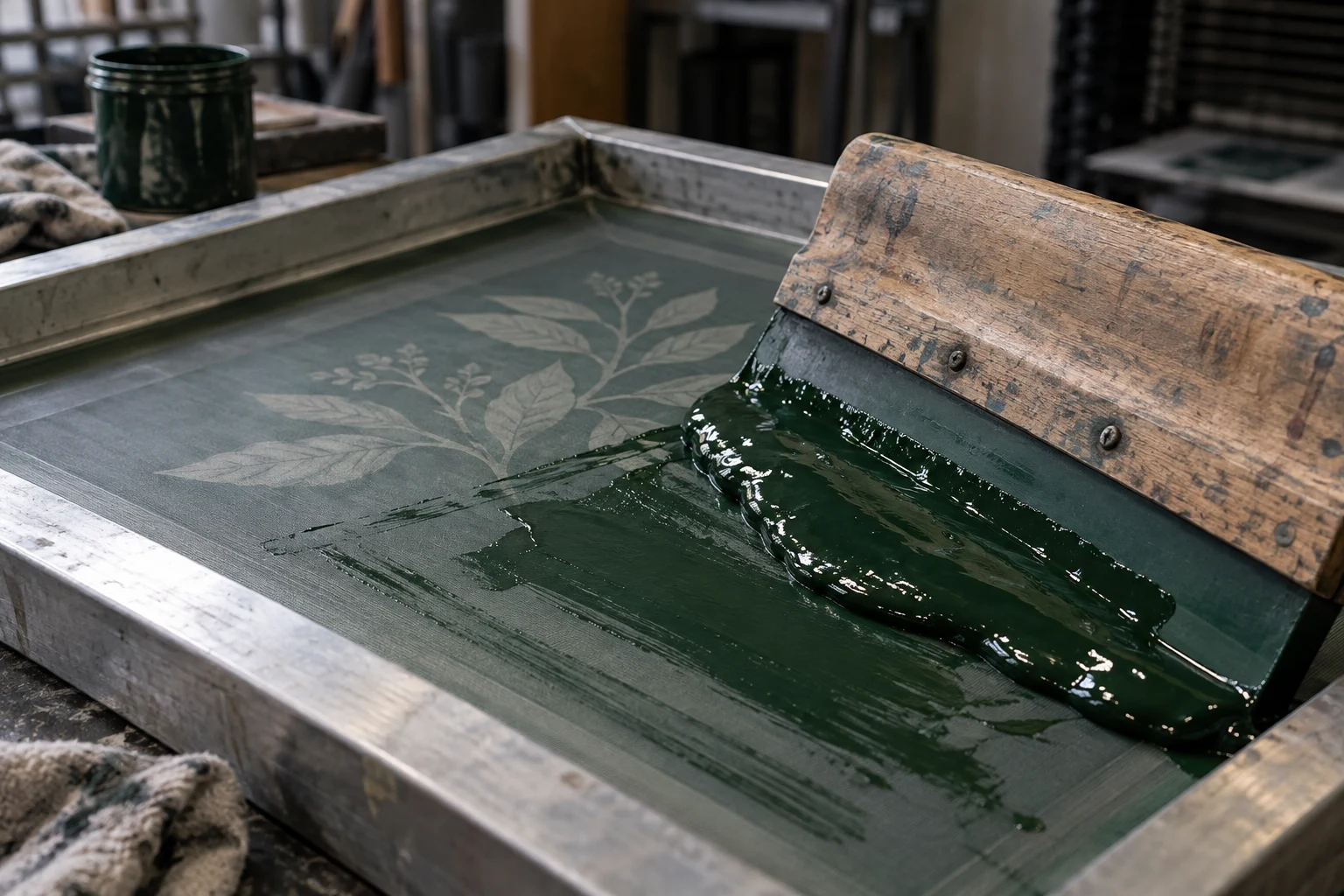 Illustrative screen, squeegee and ink