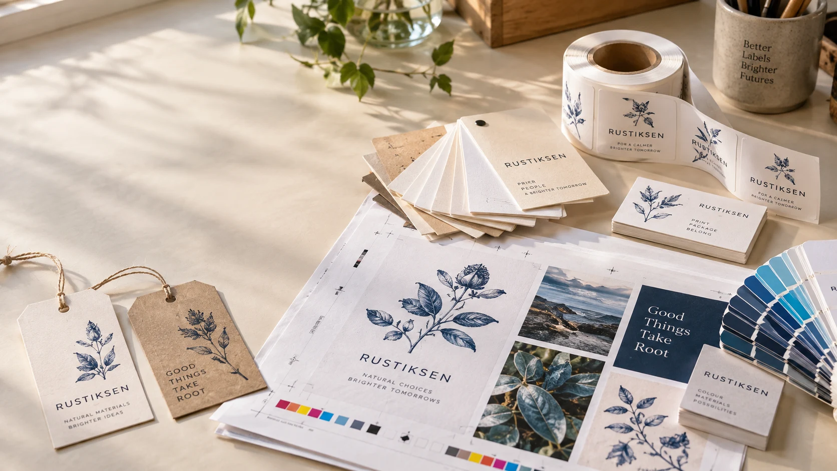 Print studio workbench with paper samples, colour swatches, labels and proofs